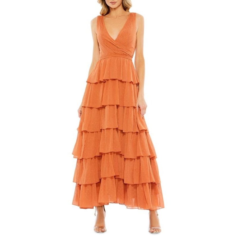 Ieena For Mac Duggal Dress Maxi Burnt Orange Tiered Ruffled V Neck Size 2